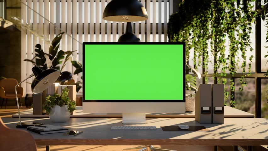 Computer Green Screen Modern Office Workspace with and Evening Sunlight - Camera Zoom In