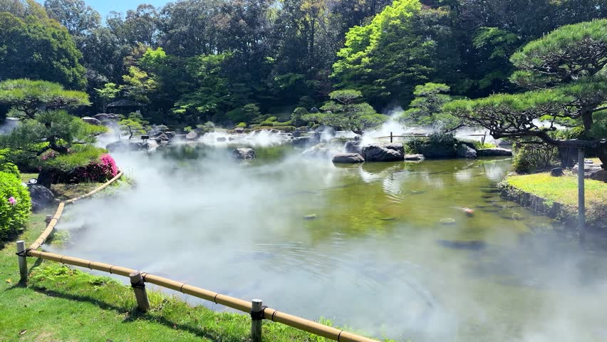 The artificial fog spreads beautifully over the large traditional pond in Ohori Park Japanese Garden in Fukuoka. A dense white mist covers the water surface creating a scenic unkai sea of clouds effect. The historic Japanese landscape features meticulously trimmed pine trees and lush green forests.