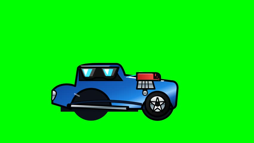 A cartoon blue hot rod car with flames coming out of the exhaust, set against a vibrant green screen background. This animated clip is perfect for various creative projects.