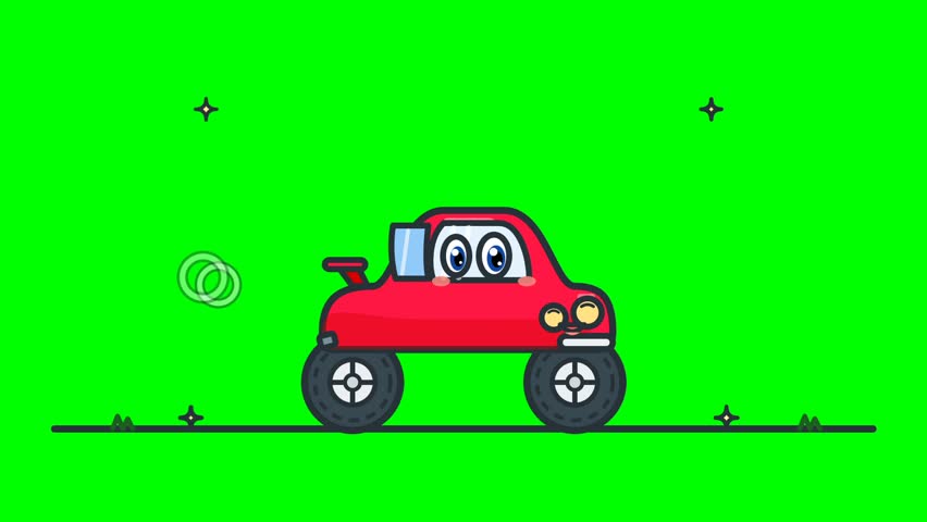 A fun, cartoon-style red monster truck with large wheels and big eyes, animated to bounce and move slightly on a vibrant green screen background.