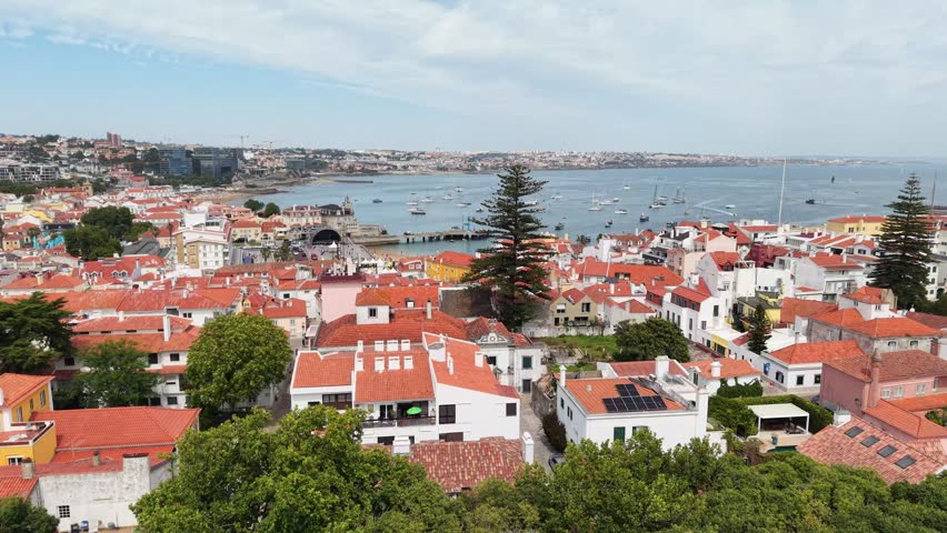 Scenic aerial view of coastal town, Cascais Portugal