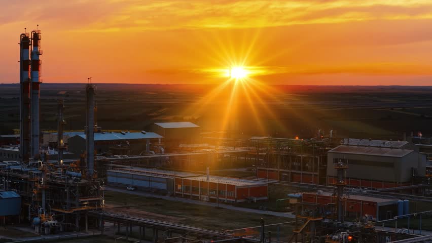 Cinematic aerial view of a petrochemical plant at sunset. Industrial towers, pipelines, and refinery structures stand against a glowing orange sky as warm sunlight reflects across the facility