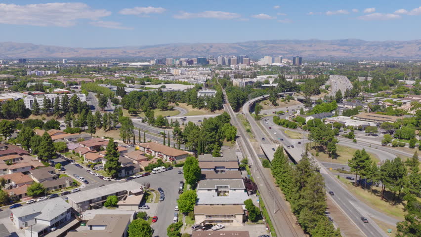 San Jose California Lateral Aerial View of Skyline and Freeway