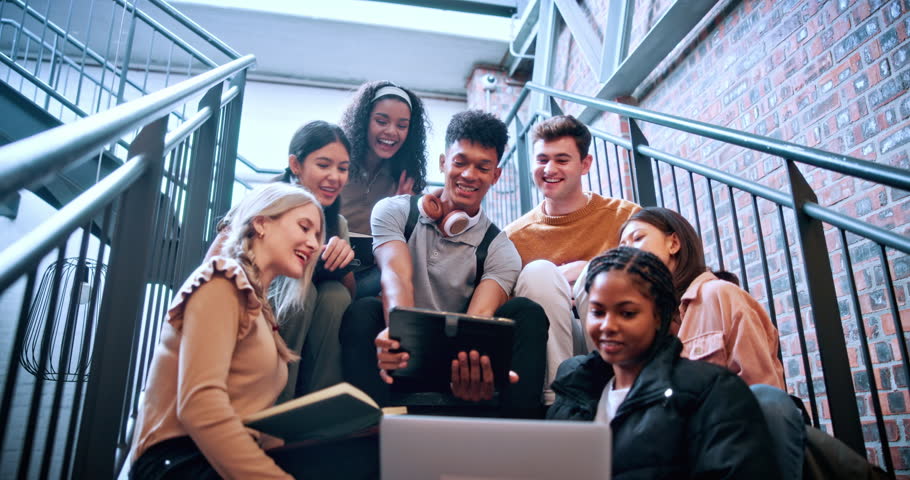 Smile, selfie and students at campus with friends, photography and post for social media. Happy, people and study group at college with peace sign, profile picture update and capture memory for blog