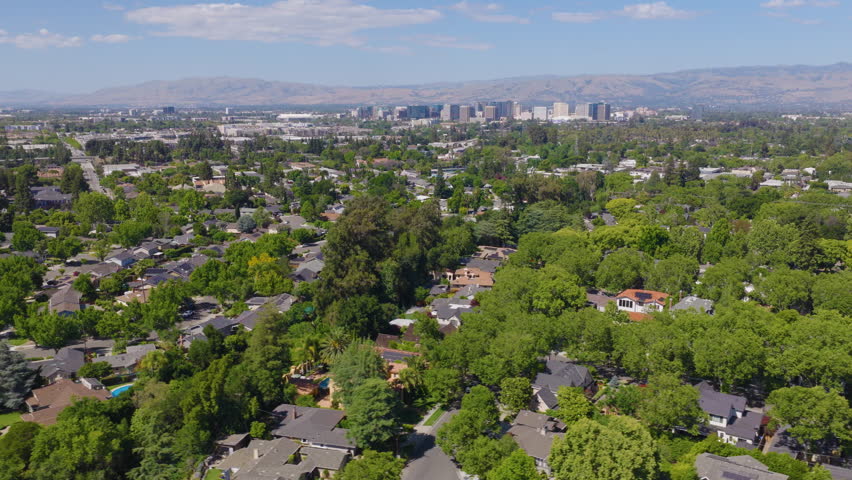 San Jose California Lateral Aerial View of Suburban Homes and Skyline 01