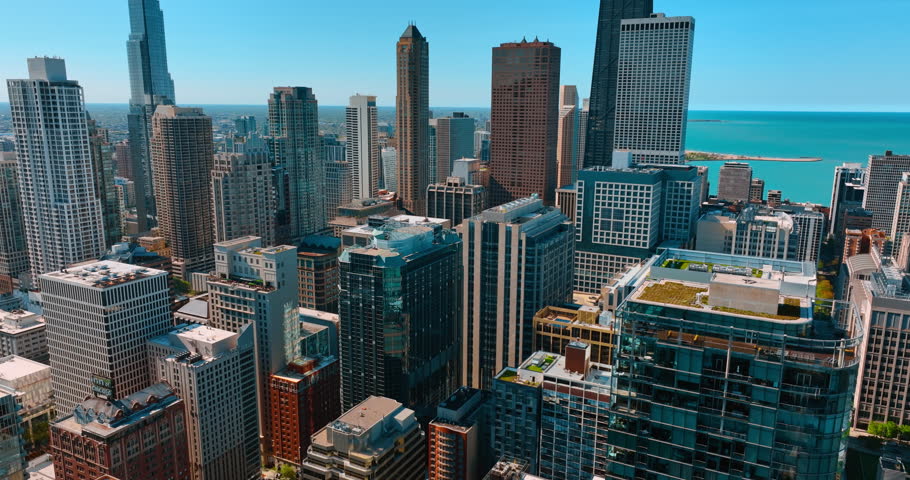 Contemporary architecture of modern American downtown. Rising above the stunning city center of Chicago, Illinois, USA.