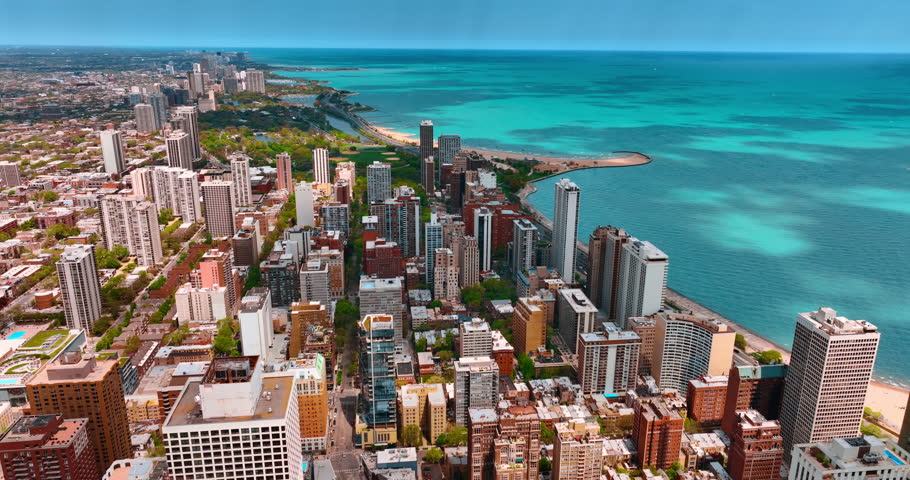 Spectacular scenery of beautiful Chicago, Illinois, USA. Aerial perspective on Lakeshore Drive and waterscape of Michigan lake.