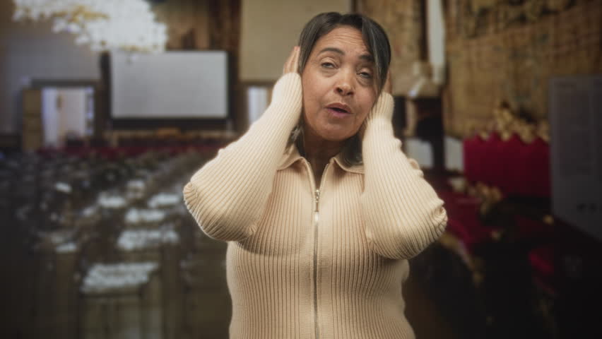 Woman presses hands to ears and winces, standing among rows of chairs and gilded seating in an ornate hall building; distress sensory overload.
