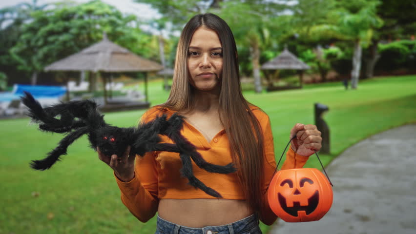 Woman holding jack o lantern pumpkin bucket and large black fake spider with hands, midriff exposed, in a forest; unease.