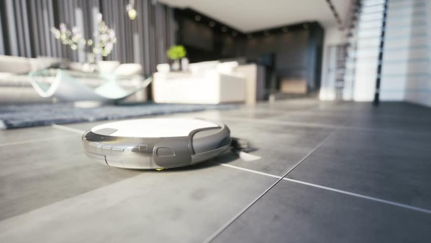 Smart Robot Vacuum Cleaner Cleaning Floor in Modern Luxury Living Room