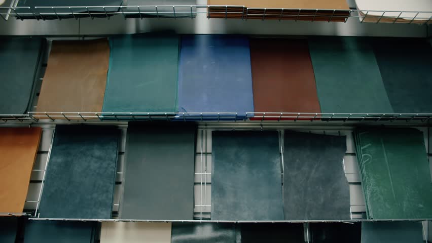 Leather Sheets Displayed on Storage Racks