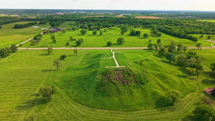 Scenic aerial view of Monks Mound rising above the historic landscape at Cahokia Mounds State Historic Site in Illinois