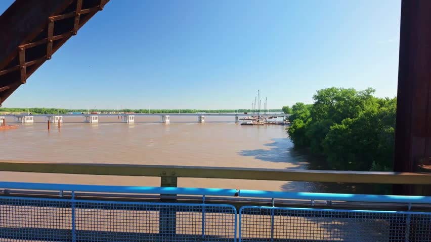Scenic view from the Old Chain of Rocks Bridge trail overlooking the Mississippi River and surrounding shoreline