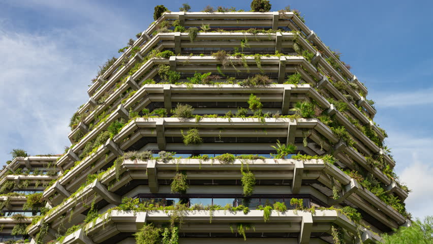 sunny day barcelona city famous modern green office front up view 4k timelapse spain