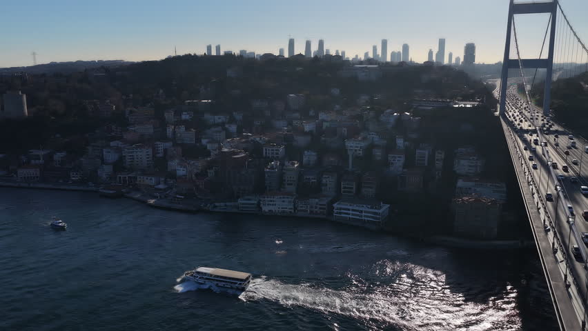 Aerial view of istanbul with bosphorus strait and fatih sultan mehmet bridge