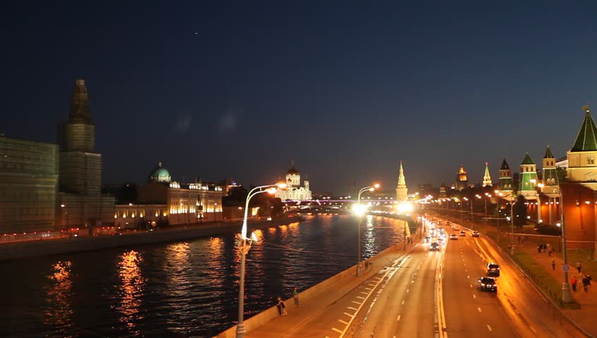 Embankment of the Moskva River near the Kremlin at night time.