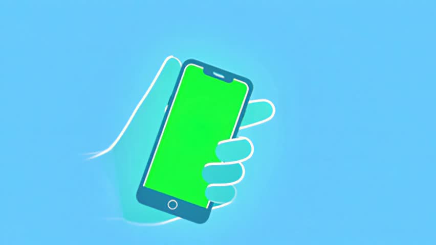Stylized hand holding a smartphone with a green screen on a blue background