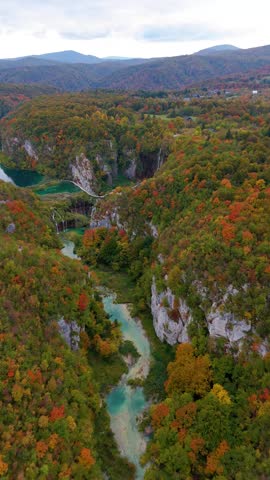 Stunning aerial view of plitvice lakes national park in croatia. The turquoise water of the river flows through a canyon with waterfalls