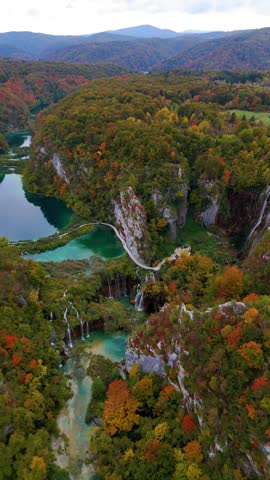 Incredible aerial perspective of the plitvice lakes national park in croatia during autumn, showcasing turquoise waters and colorful forests