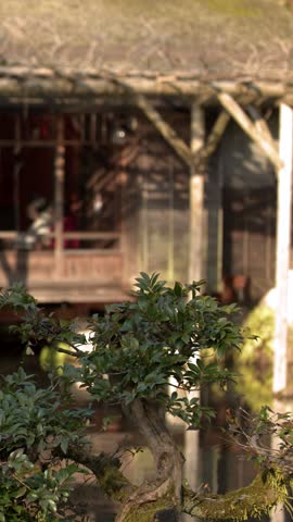 A slow pan reveals a historic wooden tea house reflected in a tranquil garden pond.