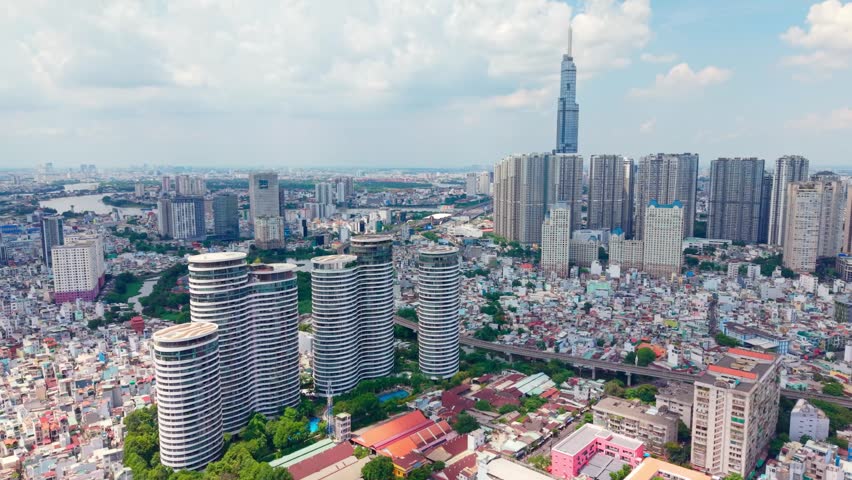Drone view of Landmark 81 and residential skyline in Saigon Vietnam
