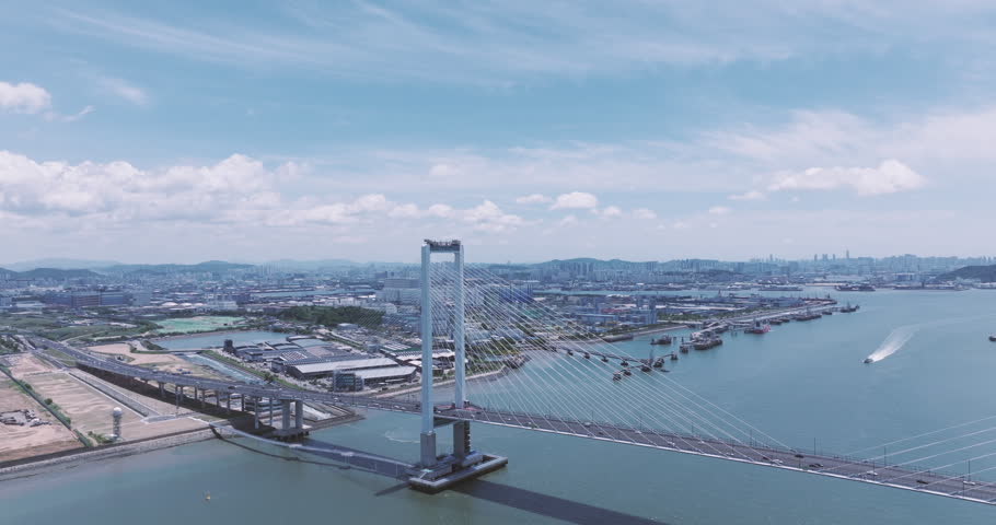 Aerial view of Cheongna Haneul Bridge connecting Cheongna International City and Yeongjong Island in Incheon, South Korea.