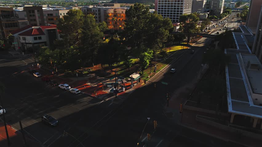 Tree Lined Avenue Through Downtown Tucson with Mountain Backdrop