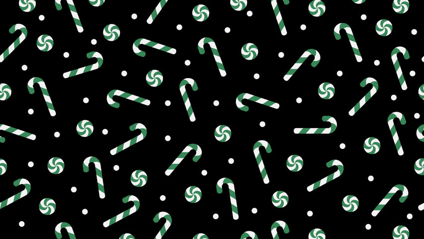 Candy cane motion pattern. Candy cane seamless pattern. Loopable motion with traditional candy canes. Sweets and decorations animated texture. Transparent background with alpha channel