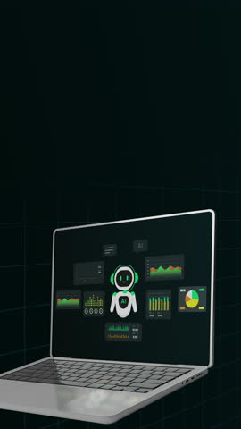 Side view portrait of laptop computer running automated big data analytics with green AI chatbot interface display.