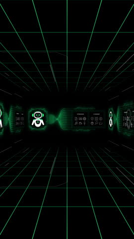 Perspective 3D portrait tunnel room filled with floating green AI robot assistant avatars and content generation asset panels.