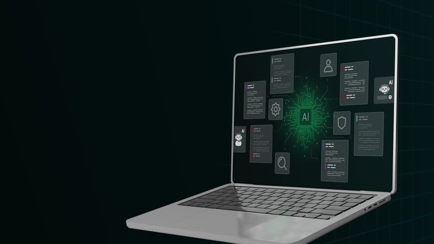 Side view of laptop computer processing big data analytics with green artificial intelligence network display.