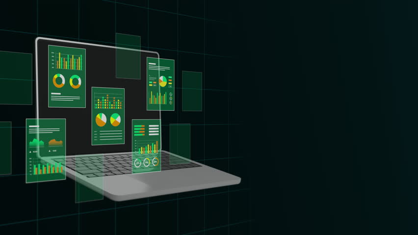 Open laptop computer showing glowing green financial charts and cloud network database interface panels.