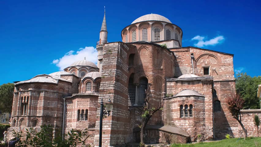 Hagia Sophia in Istanbul. The world famous monument of Byzantine architecture.Chora Church aka Kariye Mosque with buildings and houses viewed from the street. Visit Istanbul background photo.Chora Church (Saint Irina), Istanbul