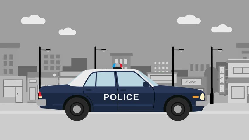 A 2D flat vector animation of a dark blue police patrol car driving past a stylized monochrome gray city background with buildings and clouds. Great for crime law enforcement concepts, city security ads, and emergency service explainers.
