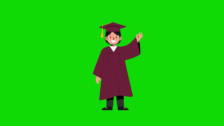 A 2D flat animation of a fair-skinned East Asian girl with black hair wearing a maroon graduation gown and cap, smiling and waving her hand against a chroma key green background. Excellent for commercial educational projects, university ads, and school presentations.