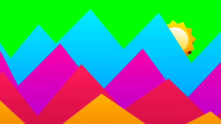 Flat design vibrant landscape featuring layered peaks and yellow sun.