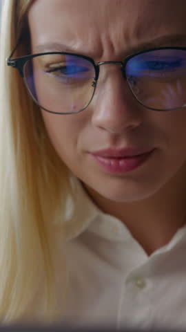 Caucasian business woman office manager has problem with broken glasses blurry glass lenses businesswoman with laptop bad vision eyesight ophtalmology medicine female girl with eyestrain work online