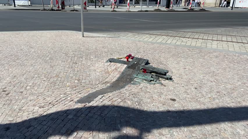 Memorial Cross for Jan Palach and Jan Zajíc in the Pavement in Prague, Czech Republic, Europe, May 30, 2026