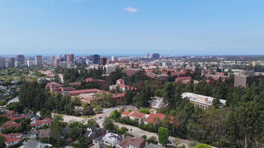 Tripod elevated perspective over University of California Los Angeles campus during a clear day in Southern California