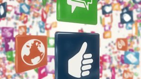 A dynamic composition of various social media icons, including a thumbs-up and RSS feed symbol, falling against a blurred background of colorful digital elements. - Powered by Shutterstock - Get 15% off with code: PIKWIZARD15