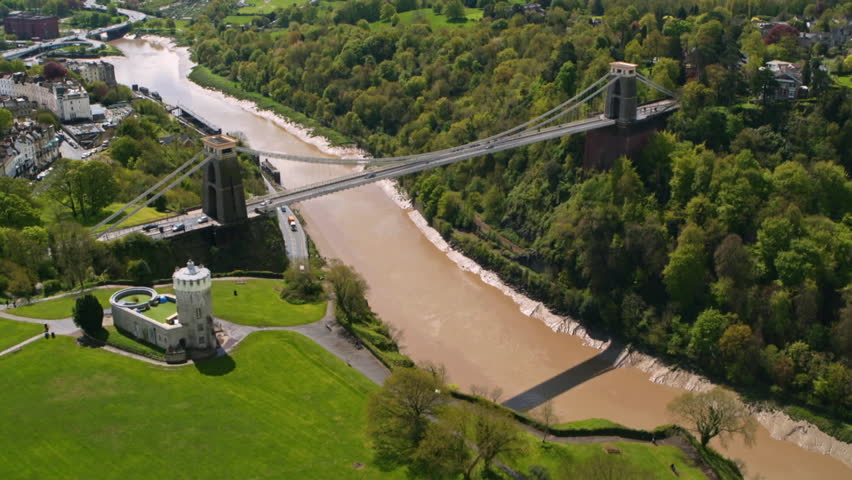 Aerial view of the Clifton Suspension Bridge over the River Avon gorge on a sunny spring day