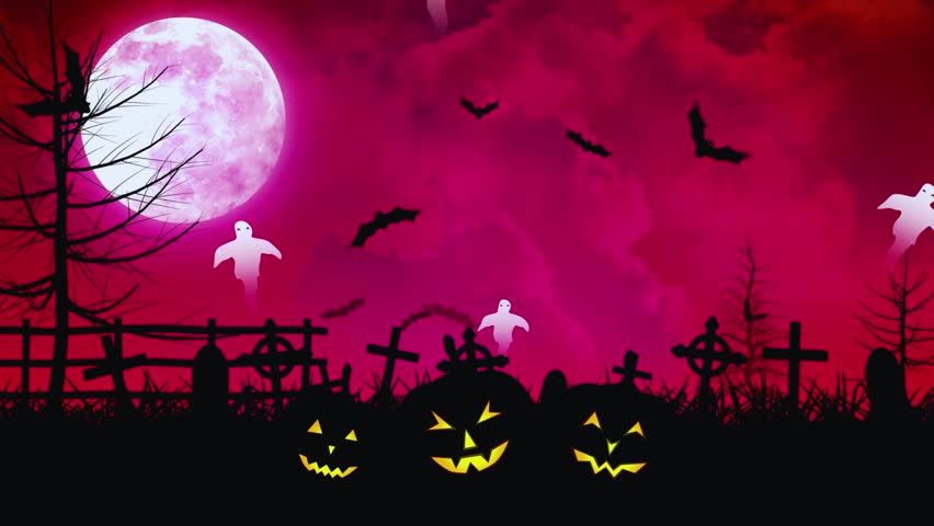 Halloween Night Graveyard with Glowing Pumpkins Full Moon and Ghosts