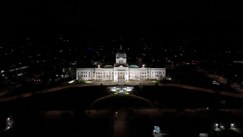 Montana State Capitol Night Drone Approach With Dome