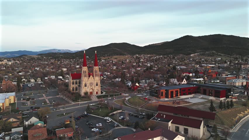 Cathedral Of Saint Helena Aerial View With Downtown And Mountains