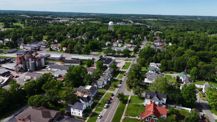 Hillsboro Ohio, aerial drone footage county court house and water tower