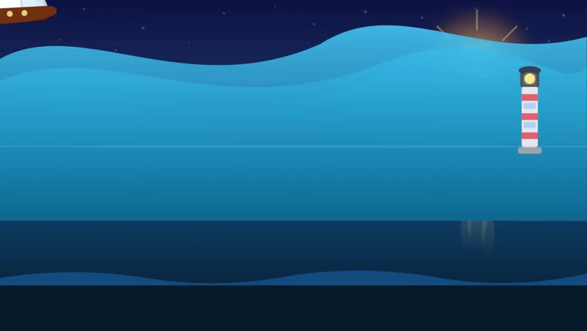  A serene flat design illustration of a lighthouse standing tall by the ocean at twilight, with a rising sun and a distant airship under a starry sky.