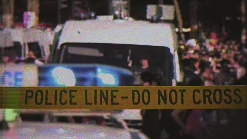 Police Line Do Not Cross Tape Blocking View In Crowded Street, Retro Style. Yellow police line tape reading "POLICE LINE DO NOT CROSS" blocks the view of an emergency police van and a crowded urban street, suggesting urgency, investigation and public safety response.