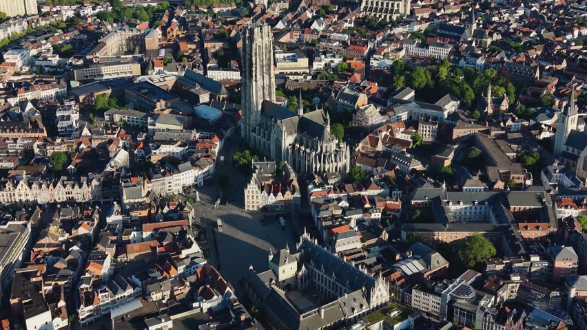 A panorama aerial view of the city Mechelen beside the old town on a sunny noon in Belgium