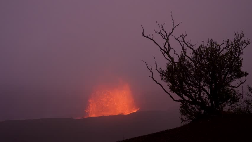 View of the glowing lava fountain from Halema