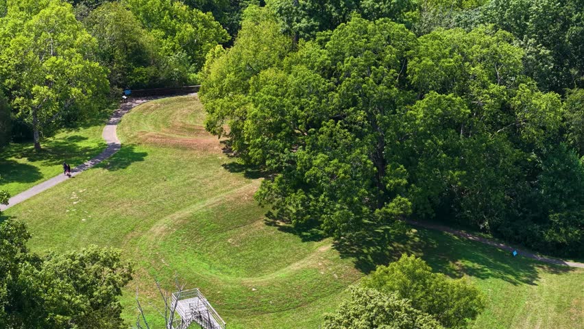 Aerial view of grassy hill with trees in a parkland setting.
